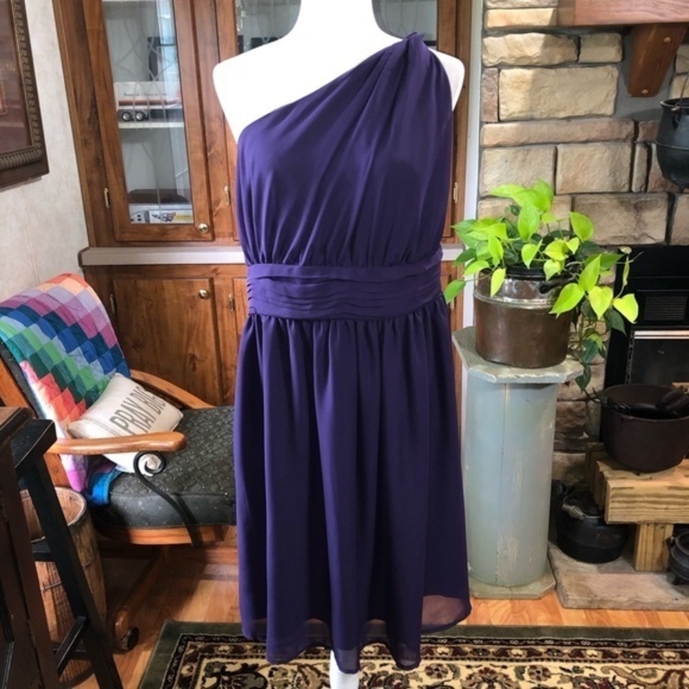 TEVOLIO SIZE 16W ONE SHOULDER DARK PURPLE FULLY LINED EVENT DRESS RUCHED WAIST